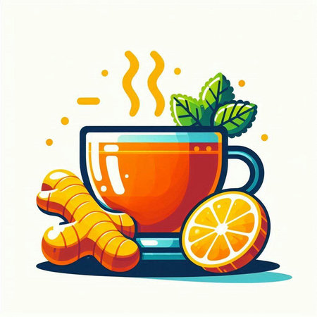 Cup of tea with ginger, lemon and mint. Vector illustration.のイラスト素材
