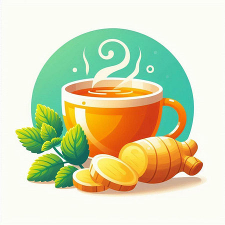 Cup of tea with ginger and mint leaves. Vector illustration.のイラスト素材