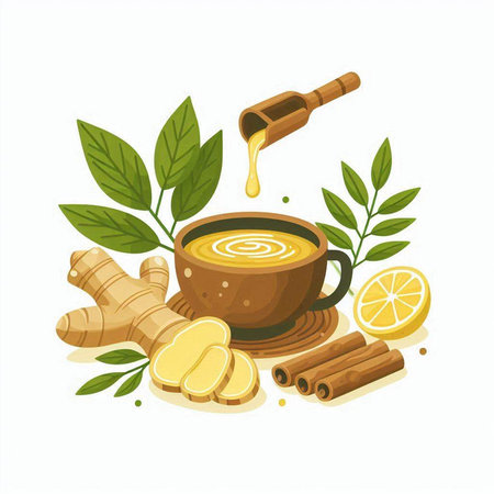 Ginger tea with lemon, honey and cinnamon. Vector illustration.のイラスト素材