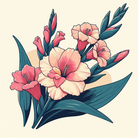 Bouquet of gladiolus flowers. Hand drawn vector illustration.のイラスト素材