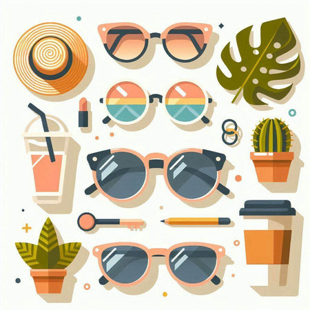 Set of summer icons. Sunglasses, hat, sunglasses, coffee and other things. Vector illustrationのイラスト素材