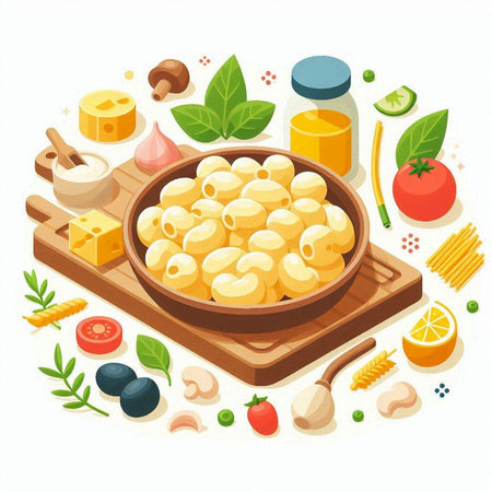 Cooked macaroni pasta in wooden bowl with ingredients. Vector illustrationのイラスト素材