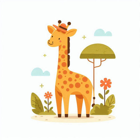 Giraffe in the jungle. Cute cartoon animal. Vector illustrationのイラスト素材