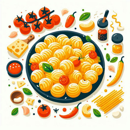 Illustration of pasta with tomato sauce and ingredients on a white backgroundのイラスト素材