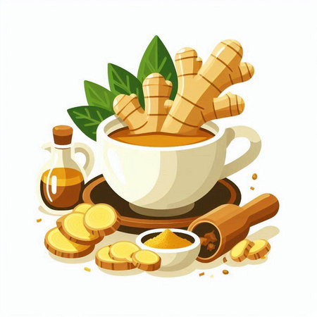 Cup of ginger tea with turmeric root, ginger root, cinnamon and spices on white background.のイラスト素材