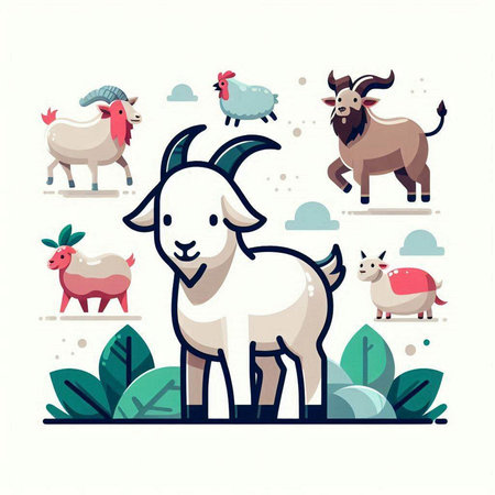 Vector illustration of goat and sheep on white background. Flat style.のイラスト素材