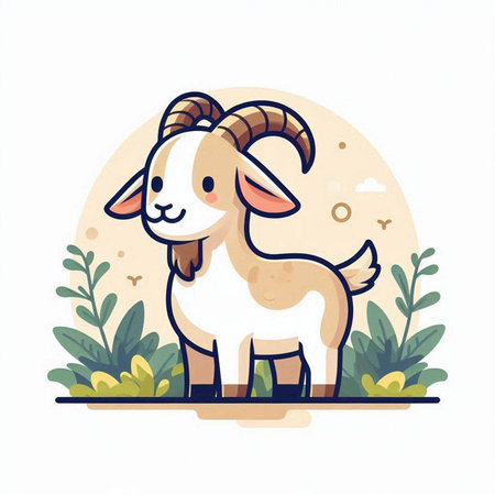 Cute cartoon goat standing in the grass. Vector illustration in flat style.のイラスト素材