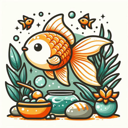 Cute cartoon goldfish with fish bowl and flowers. Vector illustrationのイラスト素材