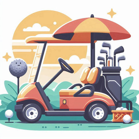 Golf cart on the golf course. Vector illustration in flat styleのイラスト素材