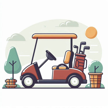Golf cart on the golf course. Flat style vector illustration.のイラスト素材