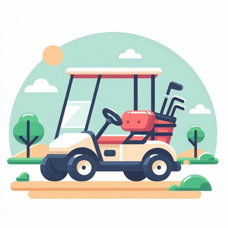 Golf cart on the golf course. Flat style vector illustration.のイラスト素材