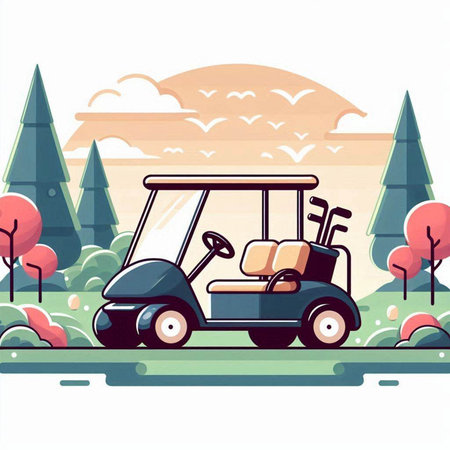 Golf cart in the park. Vector illustration in flat style.のイラスト素材