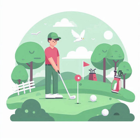 Golf player on golf course. Vector illustration in flat style.のイラスト素材