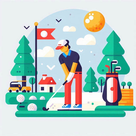 Golf player on a golf course. Vector illustration in flat styleのイラスト素材