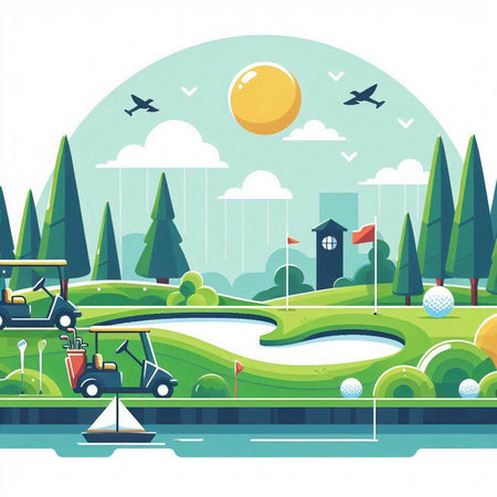 Golf course landscape. Vector illustration of golf club, golf ball, golf cart, golf course.のイラスト素材
