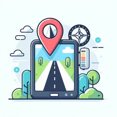 Modern flat design concept of online navigation. Vector illustration with smartphone, navigator, road, wind turbine and forest.のイラスト素材