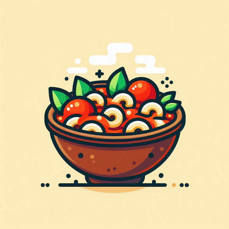 Illustration of a bowl of pasta with cherry tomatoes, vector illustrationのイラスト素材