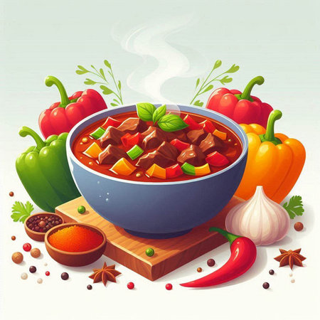 Illustration of a bowl of goulash with vegetables and spicesのイラスト素材