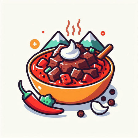 Beef stew in bowl with chilli pepper and garlic, vector illustrationのイラスト素材