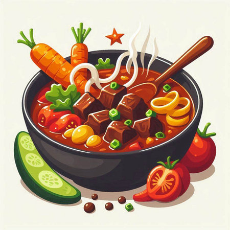 Illustration of beef stew with vegetables in a bowl. Vector illustration.のイラスト素材