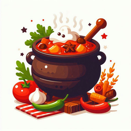 Pot of soup with vegetables, spices and herbs. Vector illustration.のイラスト素材