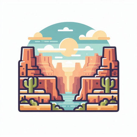 Desert landscape with mountains and river. Flat style vector illustration.のイラスト素材