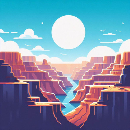 Fantasy landscape with mountains, sun and sea. Digital illustration.のイラスト素材