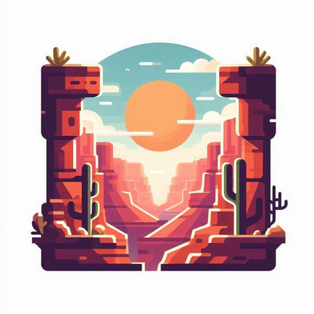 Desert landscape with cactus and sunset. Vector illustration in flat styleのイラスト素材