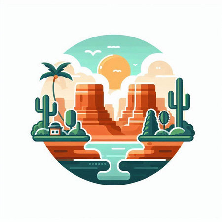 Landscape with mountains and cactuses. Vector illustration in flat styleのイラスト素材