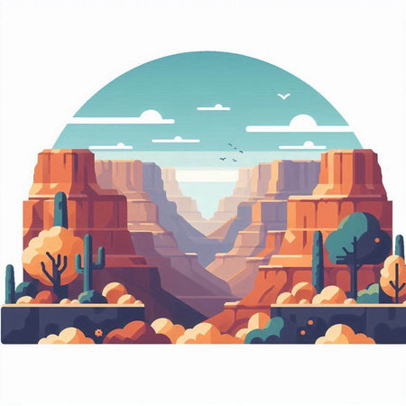 Arizona desert landscape with mountains and cactuses. Vector illustration.のイラスト素材