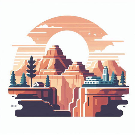 Landscape of mountains and city in flat style. Vector illustration.のイラスト素材
