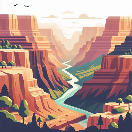 Hiking in Utah, USA. Landscape with river. Vector illustrationのイラスト素材