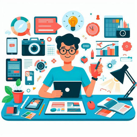 Man working at office desk with laptop, tablet, mobile phone and other items. Flat vector illustration.のイラスト素材