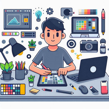 Vector illustration of a young designer working at his desk in front of computerのイラスト素材