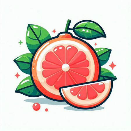 Cute cartoon grapefruit with green leaves on white background. Vector illustration.のイラスト素材