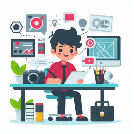 Businessman working on laptop at office desk. Flat style design vector illustration.のイラスト素材