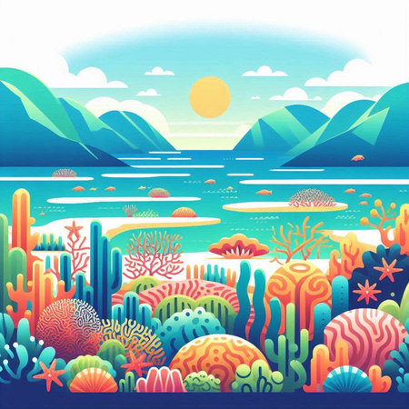 Sea landscape with corals, mountains and sun. Vector illustration.のイラスト素材