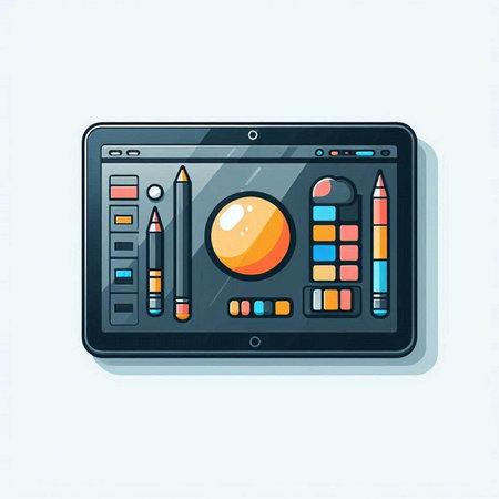 Illustration of a tablet computer with drawing tools. Vector illustration.のイラスト素材