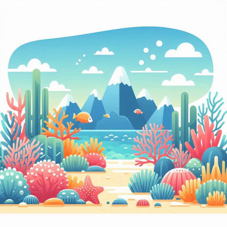 Sea landscape with corals, fish and starfish. Vector illustrationのイラスト素材