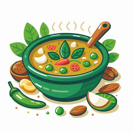 Vector illustration of green curry in a bowl with herbs and spices.のイラスト素材