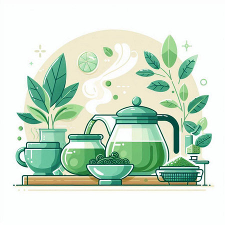 Tea ceremony. Teapot, cups and leaves. Vector illustration.のイラスト素材