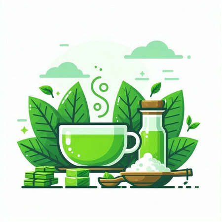 Green tea vector illustration in flat style. Alternative herbal medicine. Green tea concept.のイラスト素材