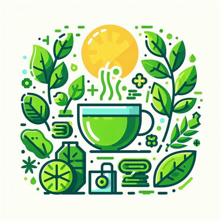 Cup of tea with green leaves. Vector illustration in flat linear style.のイラスト素材
