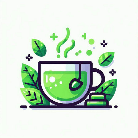 Cup of tea with tea bag and green leaves, flat vector illustration.のイラスト素材