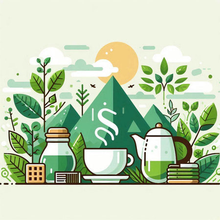 Vector illustration of green tea in a glass jar with leaves and mountains in the backgroundのイラスト素材