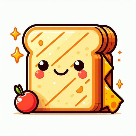 Cute cartoon cheese sandwich with apple on white background. Vector illustration.のイラスト素材