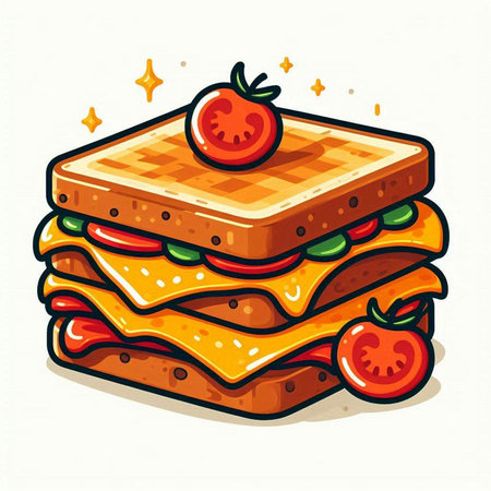 Sandwich with ham, cheese, tomato and lettuce. Vector illustration.のイラスト素材