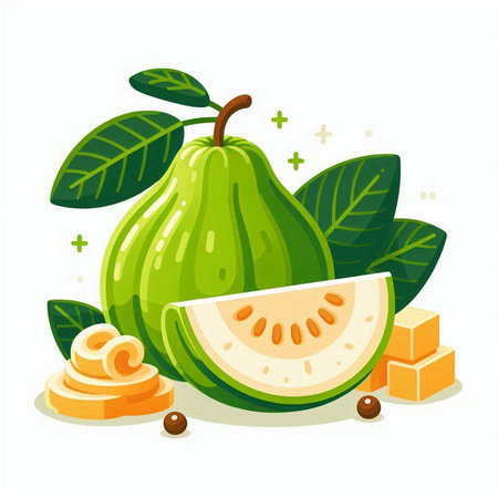 Fresh guava with leaves and slices. Vector illustration on white background.のイラスト素材