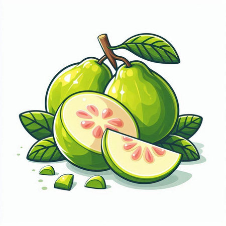 Illustration of guava fruits with green leaves on a white backgroundのイラスト素材