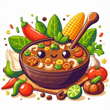 Cartoon vector illustration of a bowl of soup with corn and vegetablesのイラスト素材